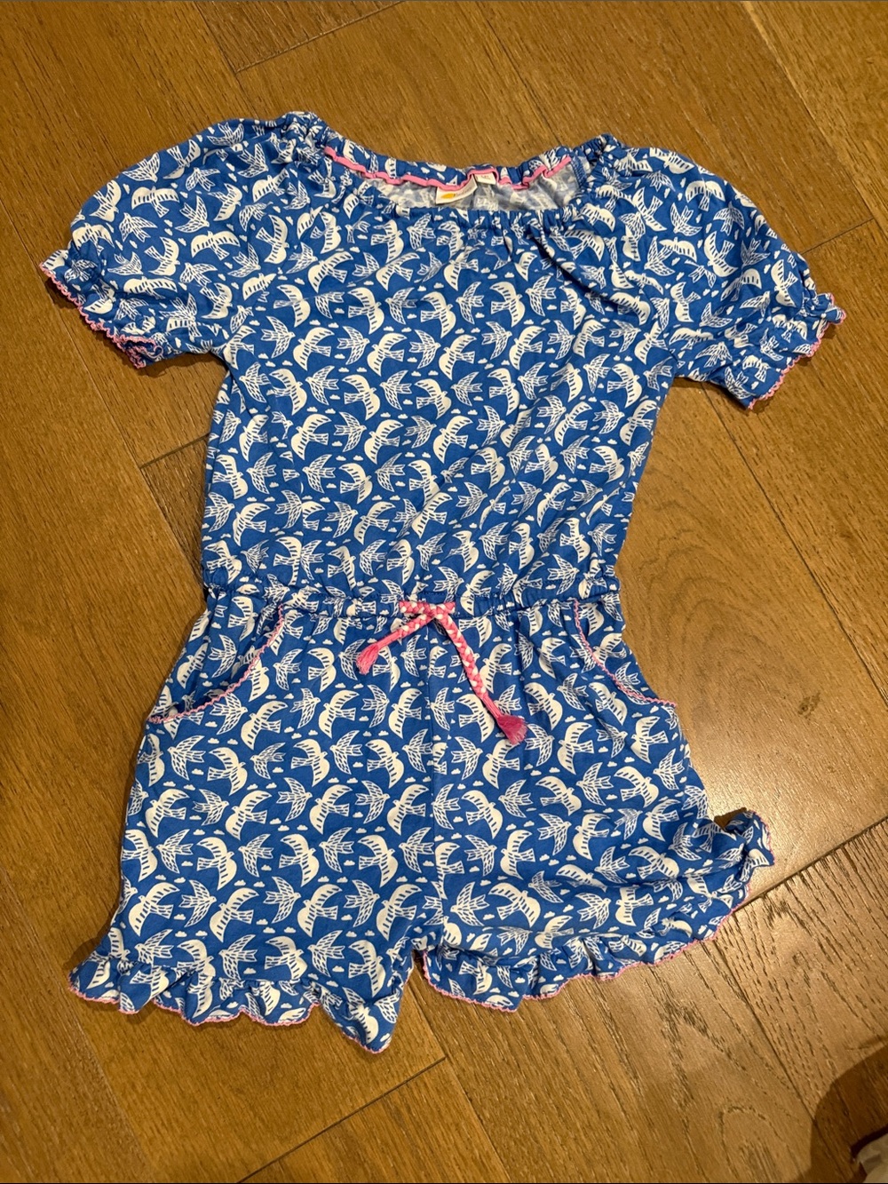 Boden Blue and White Bird Print Girls' One-Piece Romper with Pink Trim